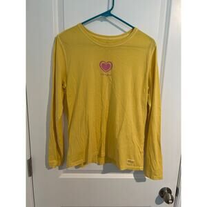 Life is Good Yellow Long Sleeve Tee with Pink Heart Logo – Size Small